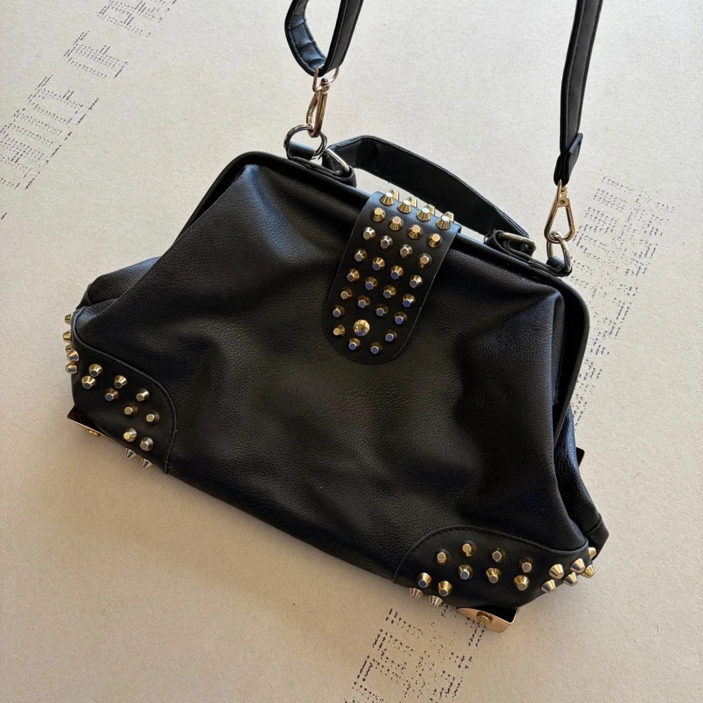 Y2K Unbranded Studded Biker Rockstar Grunge Doctor Bag Satchel Crossbody Black